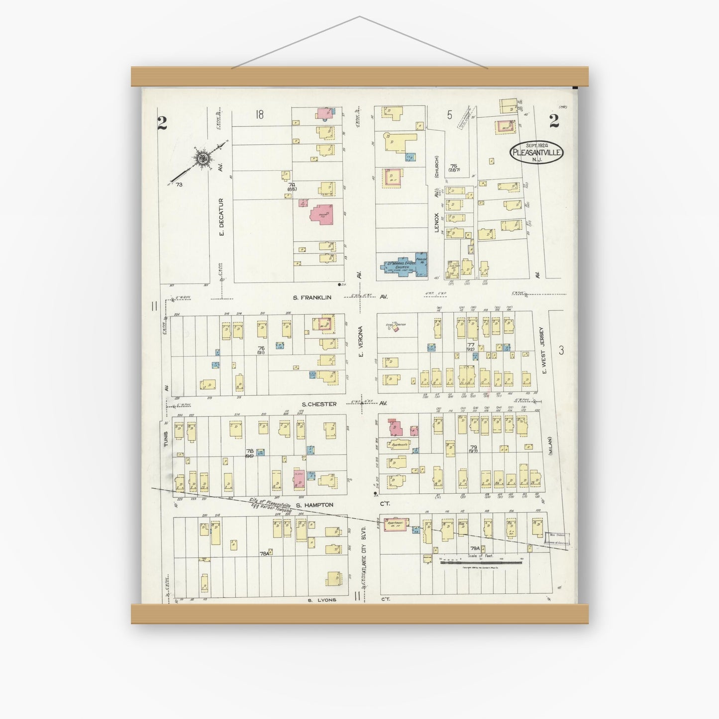 Old map wall art mockup — magnetic wood frame on white wall — Sanborn Fire Insurance Map from Pleasantville, Atlantic County, New Jersey (1924) - Complete Map Set