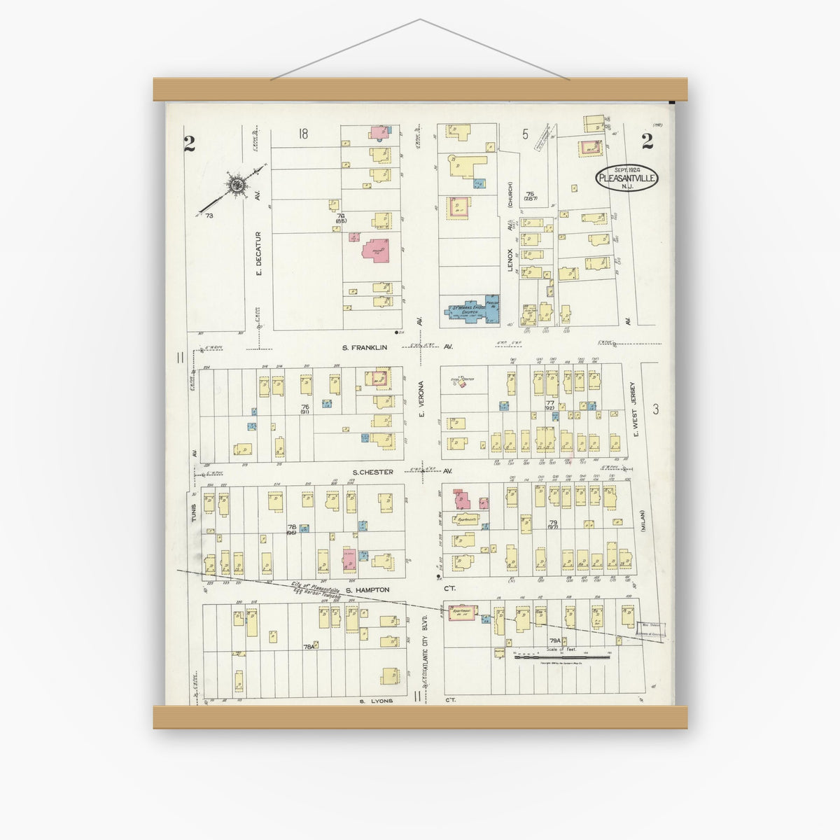 Old map wall art mockup — magnetic wood frame on white wall — Sanborn Fire Insurance Map from Pleasantville, Atlantic County, New Jersey (1924) - Complete Map Set