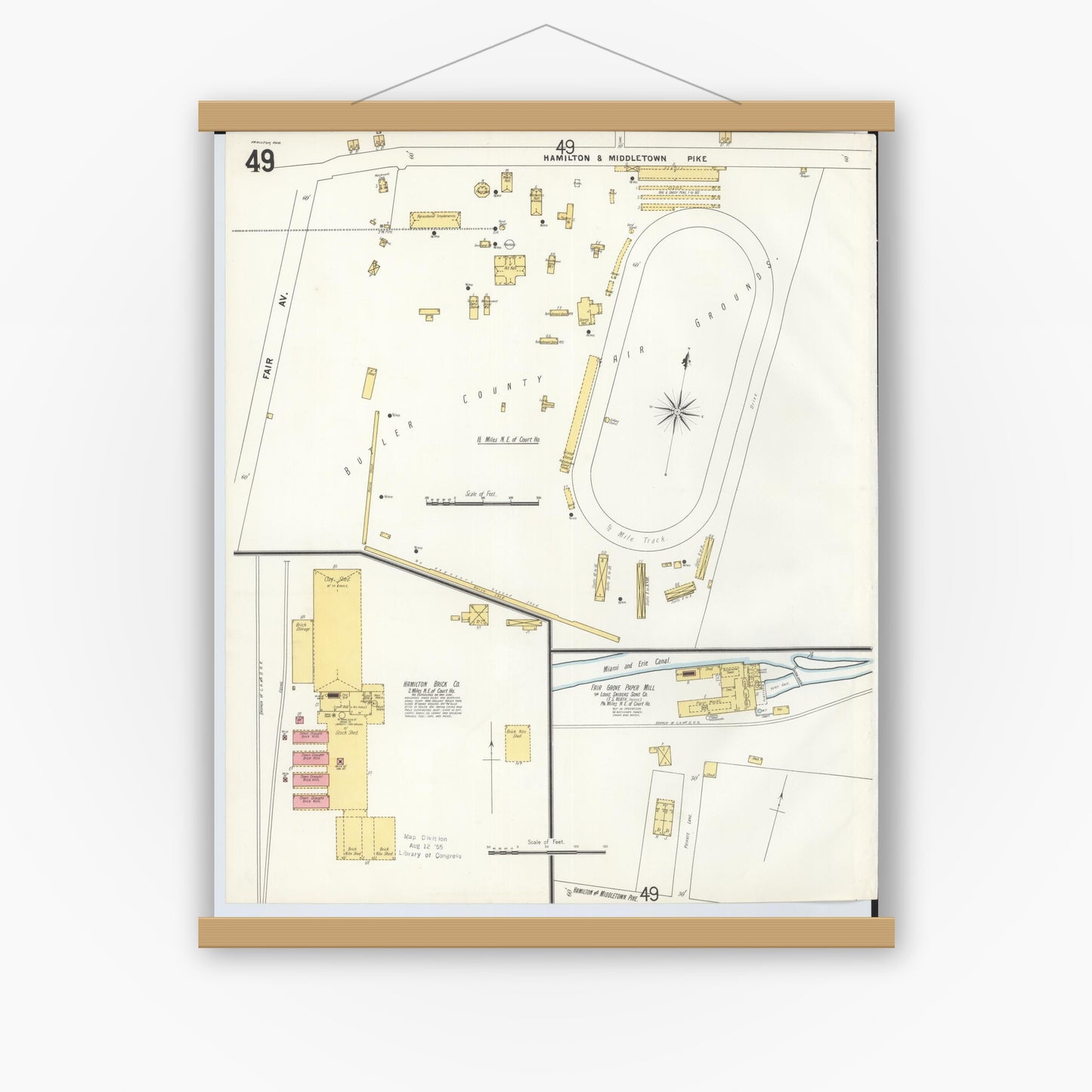 Old map wall art mockup — magnetic wood frame on white wall — Sanborn Fire Insurance Map from Hamilton, Butler County, Ohio (1899), Sheet #0049