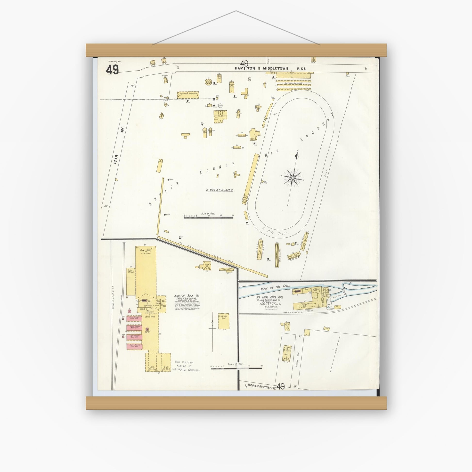 Old map wall art mockup — magnetic wood frame on white wall — Sanborn Fire Insurance Map from Hamilton, Butler County, Ohio (1899), Sheet #0049