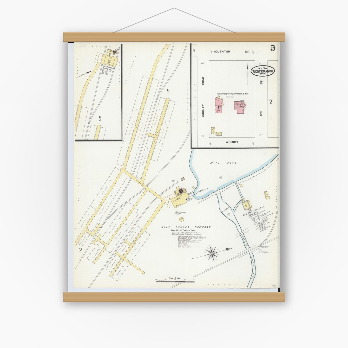 Old map wall art mockup — magnetic wood frame on white wall — Sanborn Fire Insurance Map from West Branch, Ogemaw County, Michigan (1904), Sheet #0005