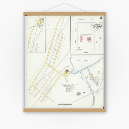 Old map wall art mockup — magnetic wood frame on white wall — Sanborn Fire Insurance Map from West Branch, Ogemaw County, Michigan (1904), Sheet #0005