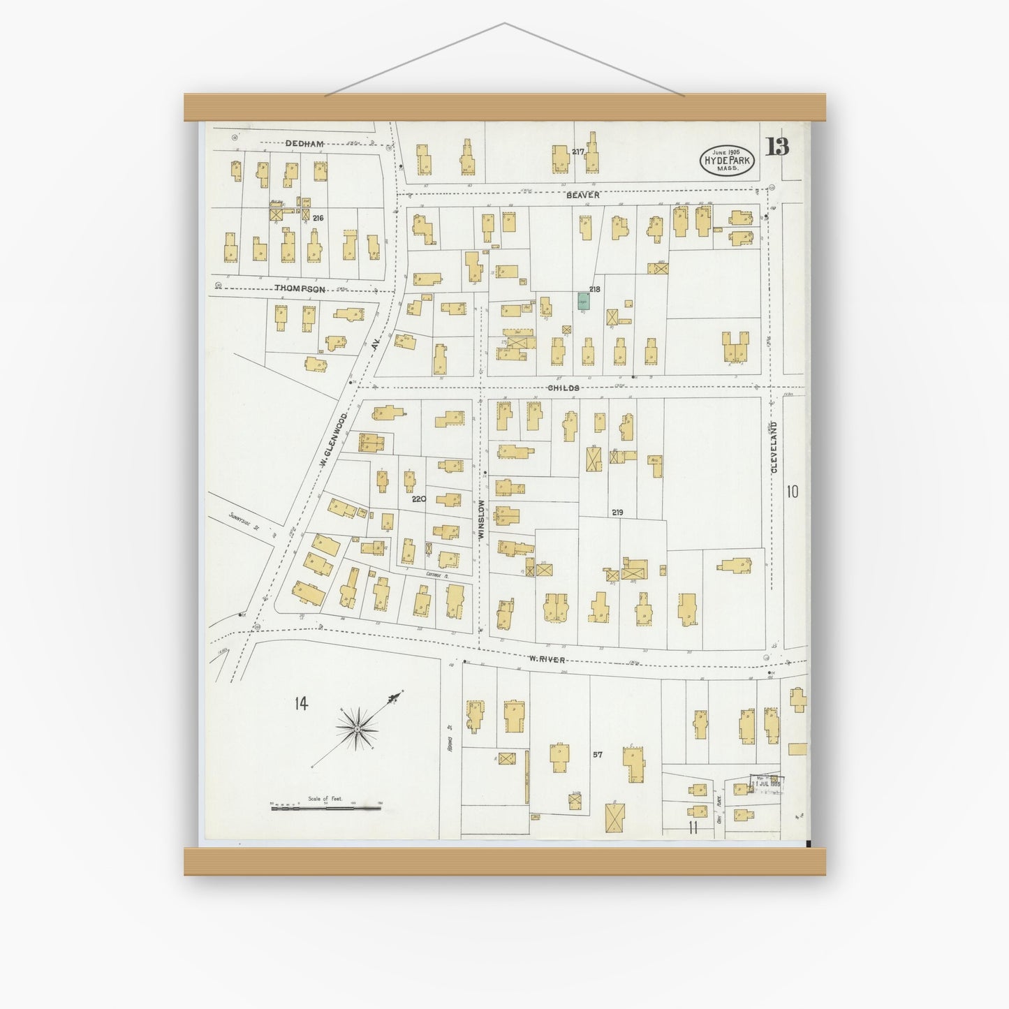 Old map wall art mockup — magnetic wood frame on white wall — Sanborn Fire Insurance Map from Hyde Park, Norfolk County, Massachusetts (1905), Sheet #0013