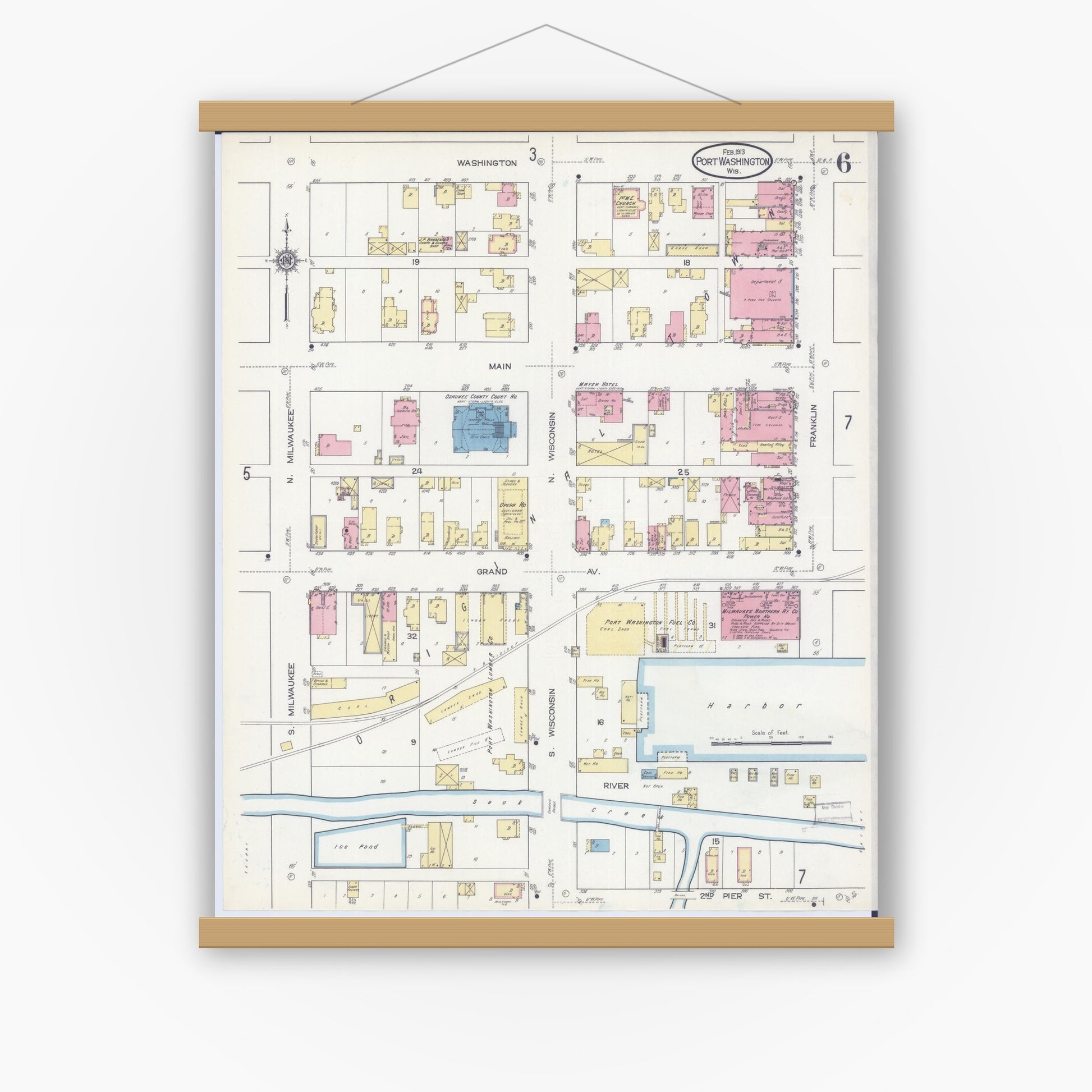 Old map wall art mockup — magnetic wood frame on white wall — Sanborn Fire Insurance Map from Port Washington, Ozaukee County, Wisconsin (1913), Sheet #0006