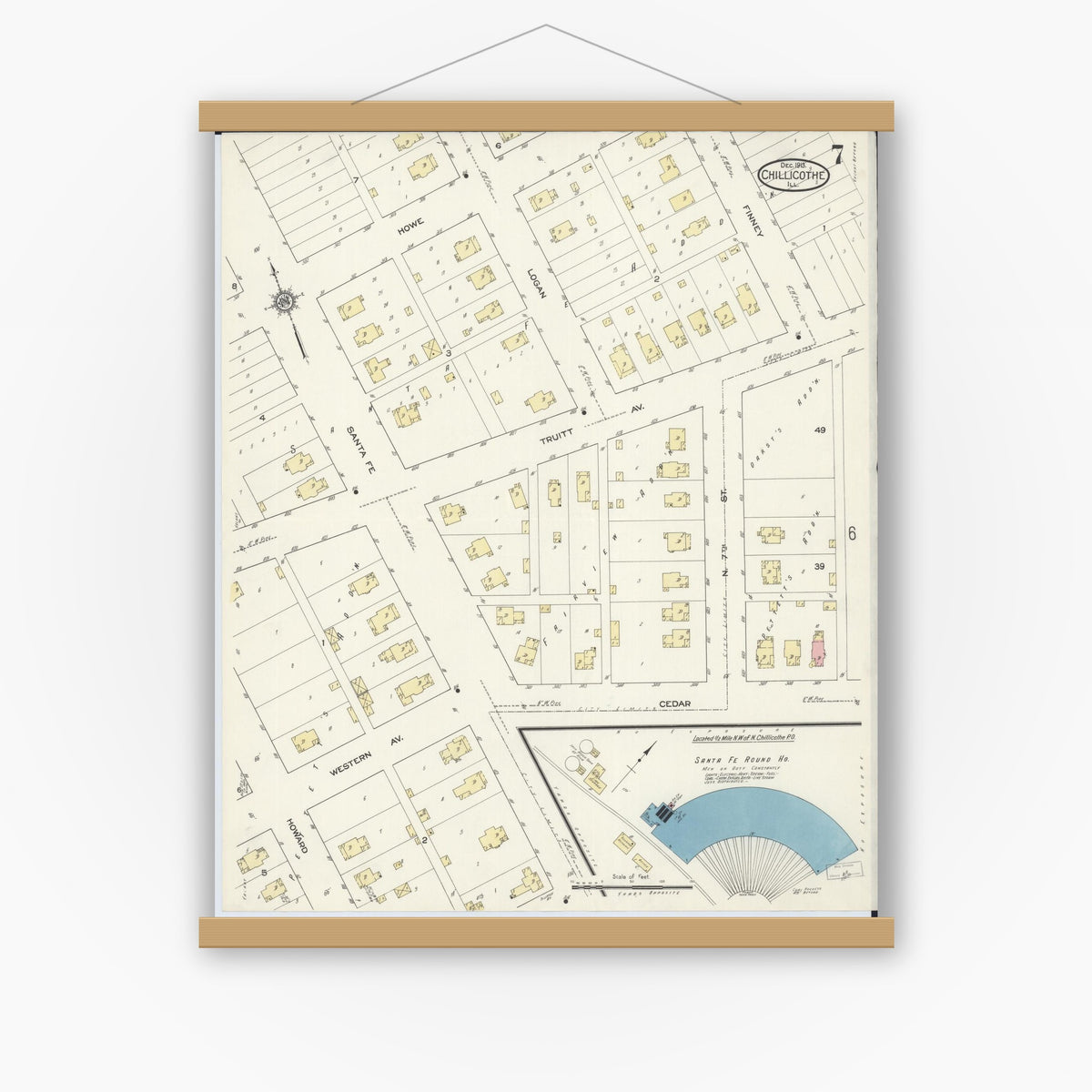 Old map wall art mockup — magnetic wood frame on white wall — Sanborn Fire Insurance Map from Chillicothe, Peoria County, Illinois (1913), Sheet #0007