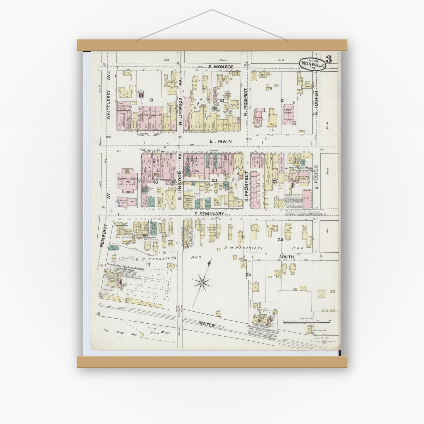 Old map wall art mockup — magnetic wood frame on white wall — Sanborn Fire Insurance Map from Norwalk, Huron County, Ohio (1888), Sheet #0003