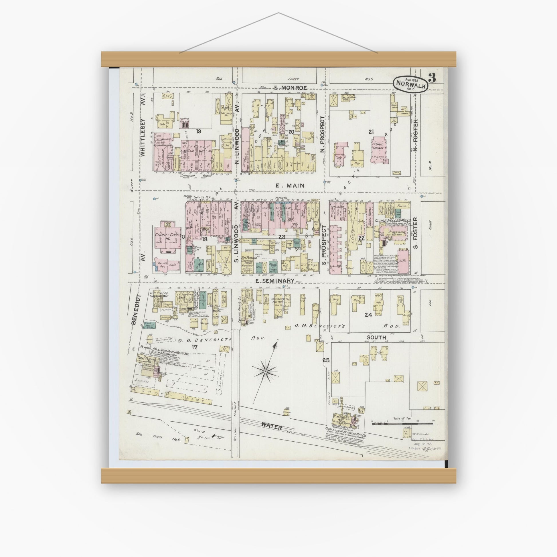 Old map wall art mockup — magnetic wood frame on white wall — Sanborn Fire Insurance Map from Norwalk, Huron County, Ohio (1888), Sheet #0003