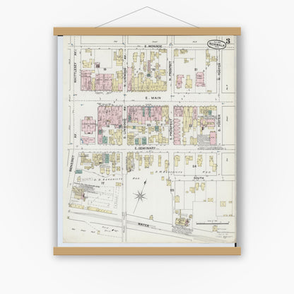 Old map wall art mockup — magnetic wood frame on white wall — Sanborn Fire Insurance Map from Norwalk, Huron County, Ohio (1888), Sheet #0003