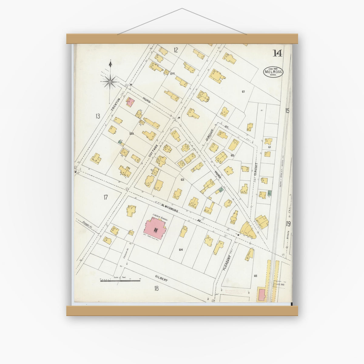 Old map wall art mockup — magnetic wood frame on white wall — Sanborn Fire Insurance Map from Melrose, Middlesex County, Massachusetts (1903), Sheet #0014