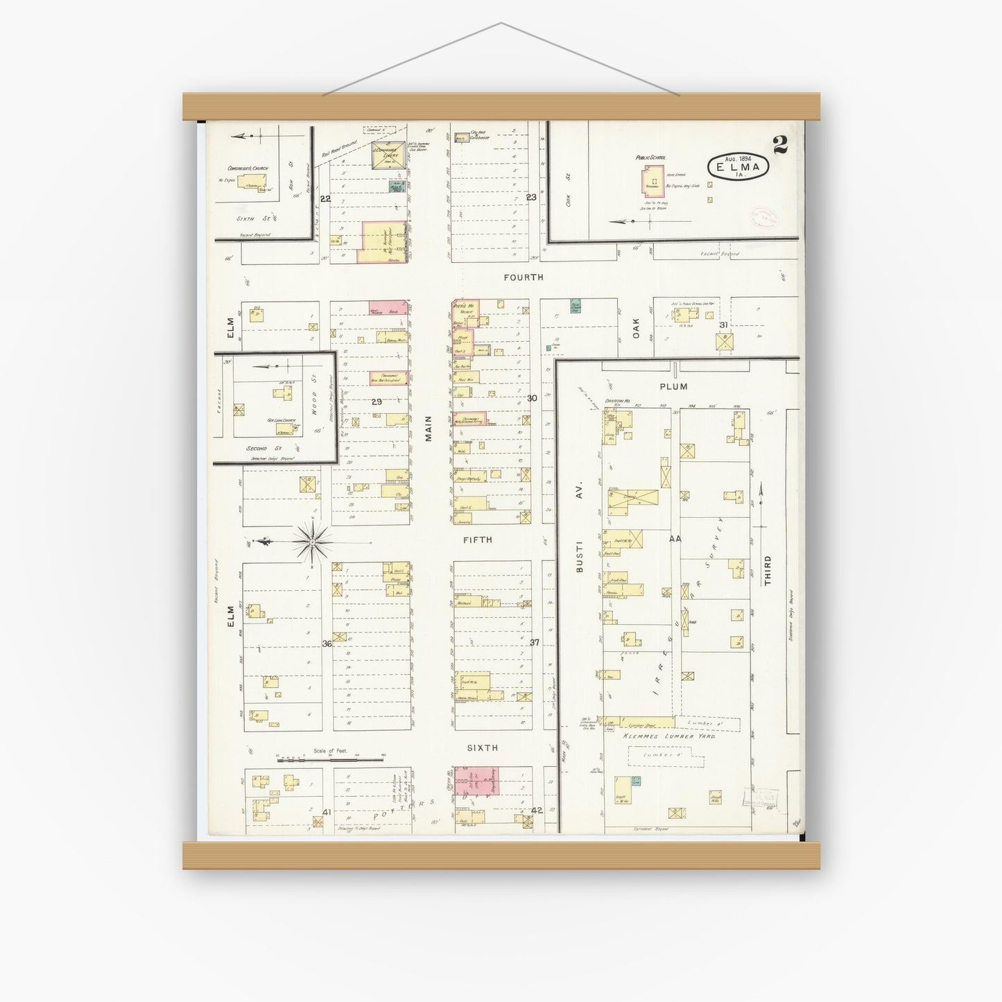 Old map wall art mockup — magnetic wood frame on white wall — Sanborn Fire Insurance Map from Elma, Howard County, Iowa (1894), Sheet #0002