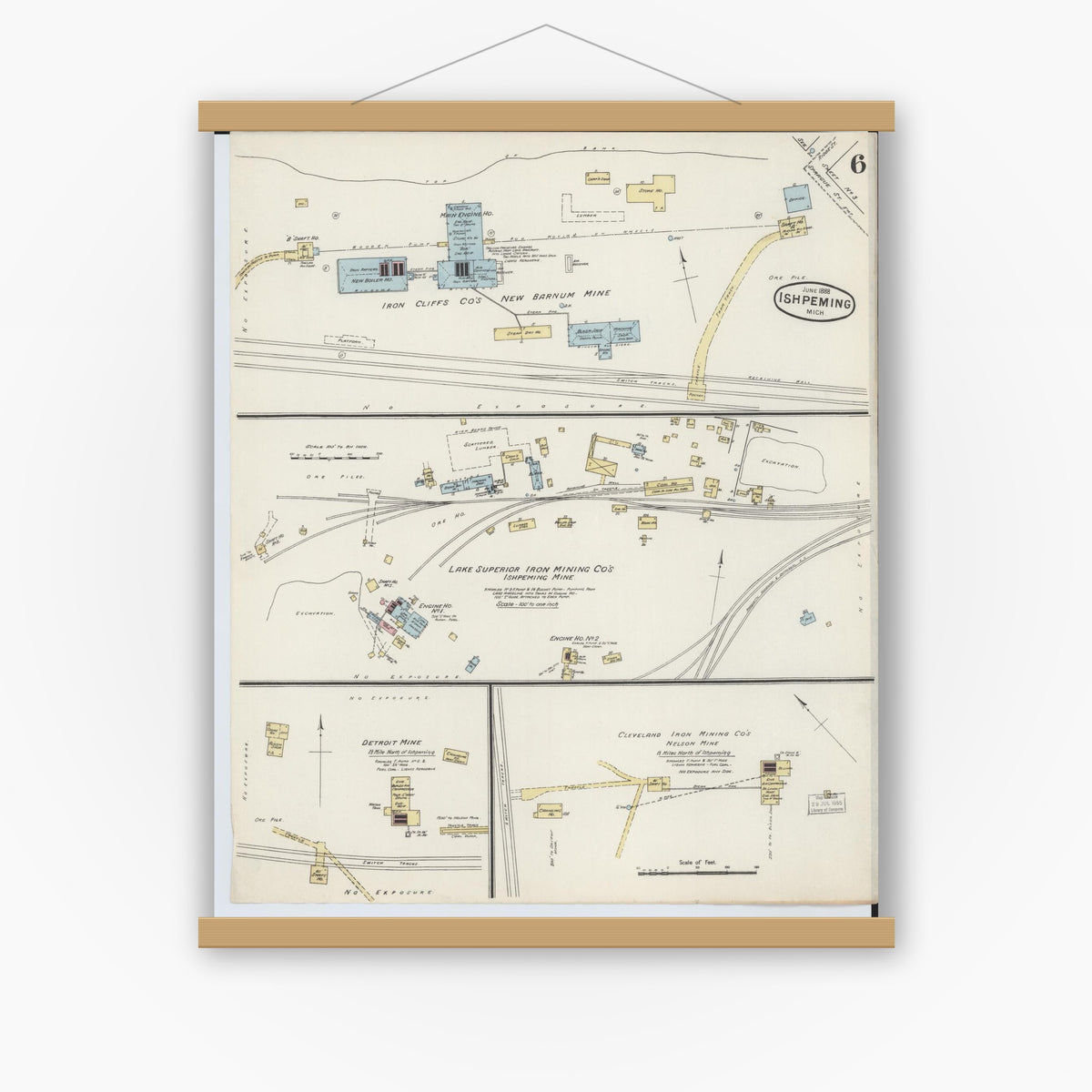 Old map wall art mockup — magnetic wood frame on white wall — Sanborn Fire Insurance Map from Ishpeming, Marquette County, Michigan (1888), Sheet #0006
