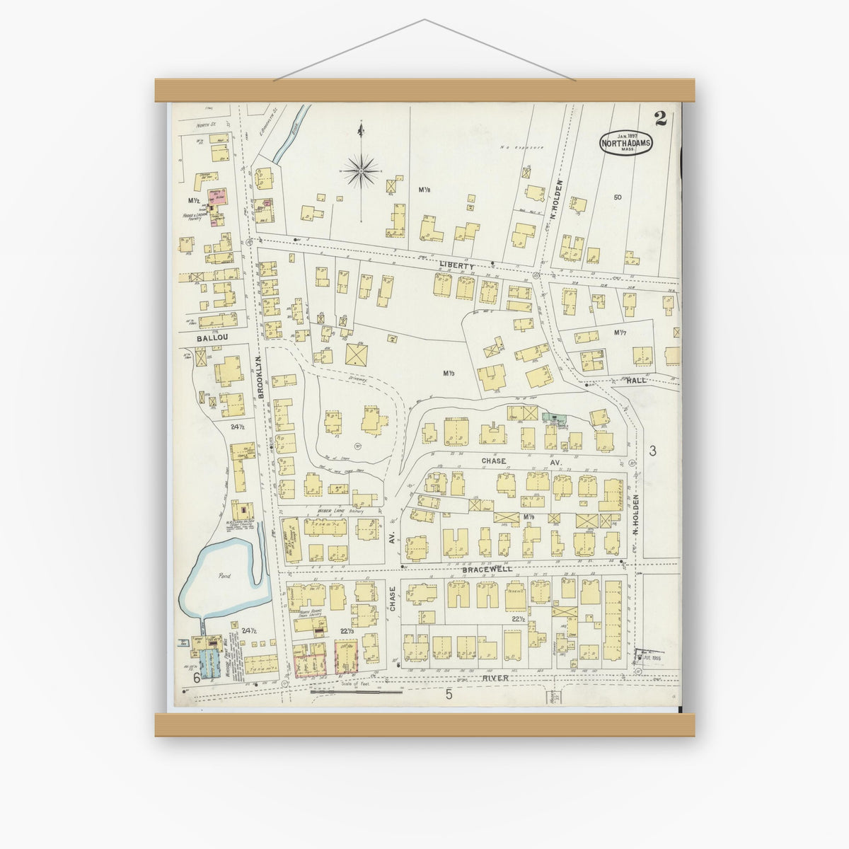 Old map wall art mockup — magnetic wood frame on white wall — Sanborn Fire Insurance Map from North Adams, Berkshire County, Massachusetts (1897), Sheet #0002