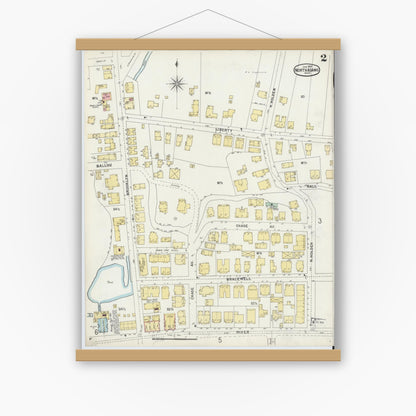 Old map wall art mockup — magnetic wood frame on white wall — Sanborn Fire Insurance Map from North Adams, Berkshire County, Massachusetts (1897), Sheet #0002