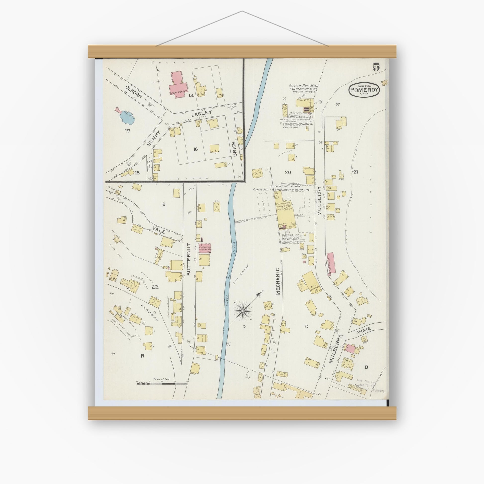 Old map wall art mockup — magnetic wood frame on white wall — Sanborn Fire Insurance Map from Pomeroy, Meigs County, Ohio (1893), Sheet #0005