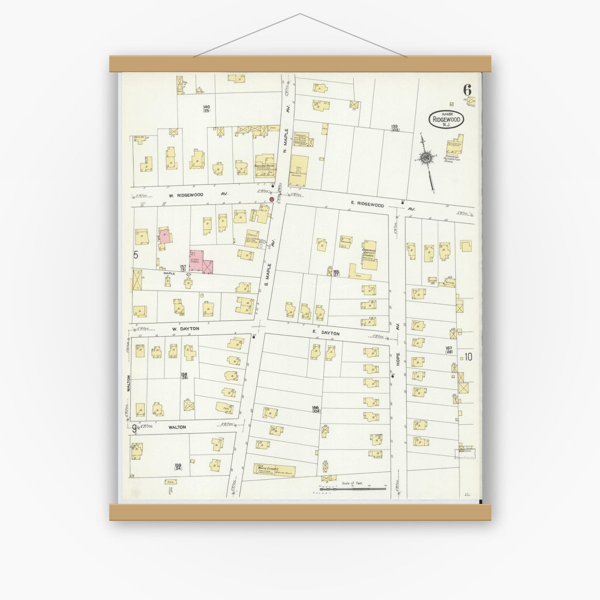 Old map wall art mockup — magnetic wood frame on white wall — Sanborn Fire Insurance Map from Ridgewood, Bergen County, New Jersey (1911), Sheet #0006