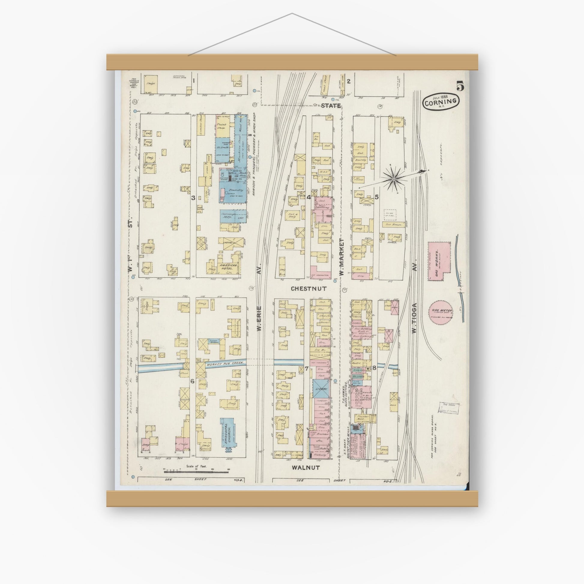 Old map wall art mockup — magnetic wood frame on white wall — Sanborn Fire Insurance Map from Corning, Steuben County, New York (1888), Sheet #0005