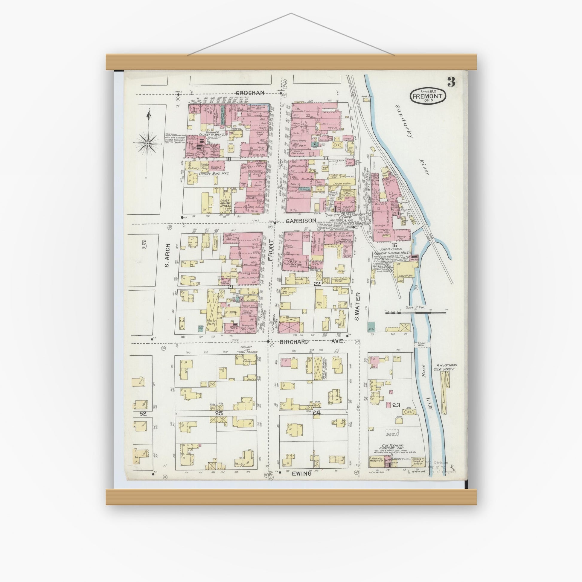 Old map wall art mockup — magnetic wood frame on white wall — Sanborn Fire Insurance Map from Fremont, Sandusky County, Ohio (1893), Sheet #0003