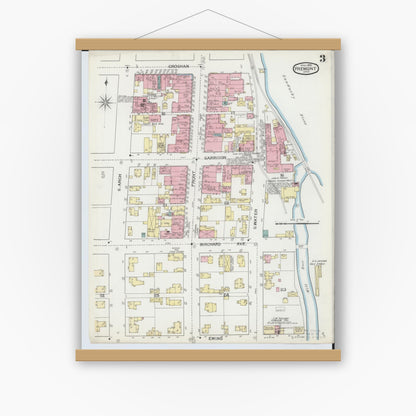 Old map wall art mockup — magnetic wood frame on white wall — Sanborn Fire Insurance Map from Fremont, Sandusky County, Ohio (1893), Sheet #0003