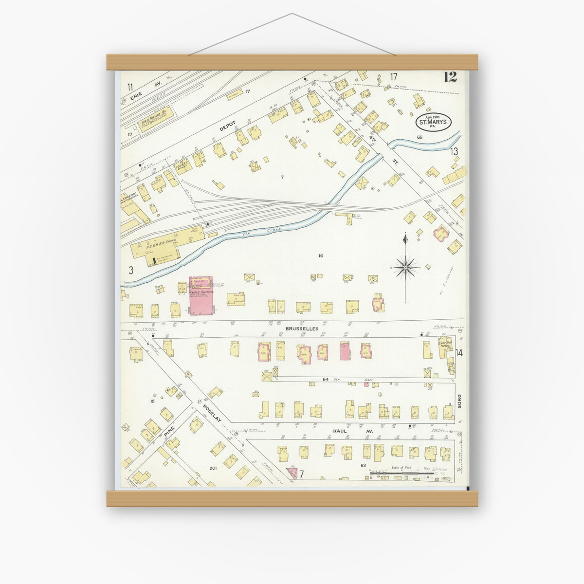 Old map wall art mockup — magnetic wood frame on white wall — Sanborn Fire Insurance Map from Saint Marys, Elk County, Pennsylvania (1909), Sheet #0012