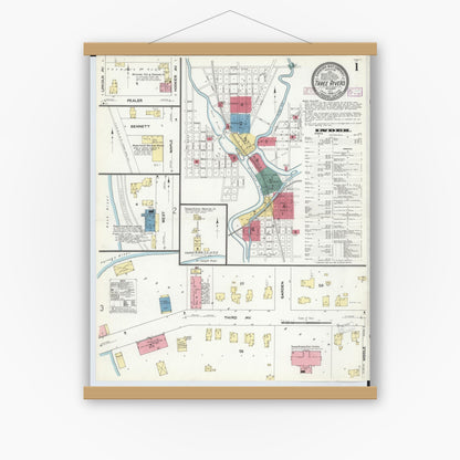 Old map wall art mockup — magnetic wood frame on white wall — Sanborn Fire Insurance Map from Three Rivers, Saint Joseph County, Michigan (1909) - Complete Map Set