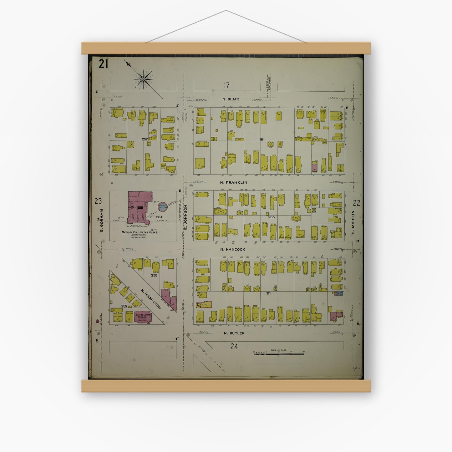 Old map wall art mockup — magnetic wood frame on white wall — Sanborn Fire Insurance Map from Madison, Dane County, Wisconsin (1908), Sheet #0021