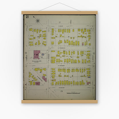 Old map wall art mockup — magnetic wood frame on white wall — Sanborn Fire Insurance Map from Madison, Dane County, Wisconsin (1908), Sheet #0021