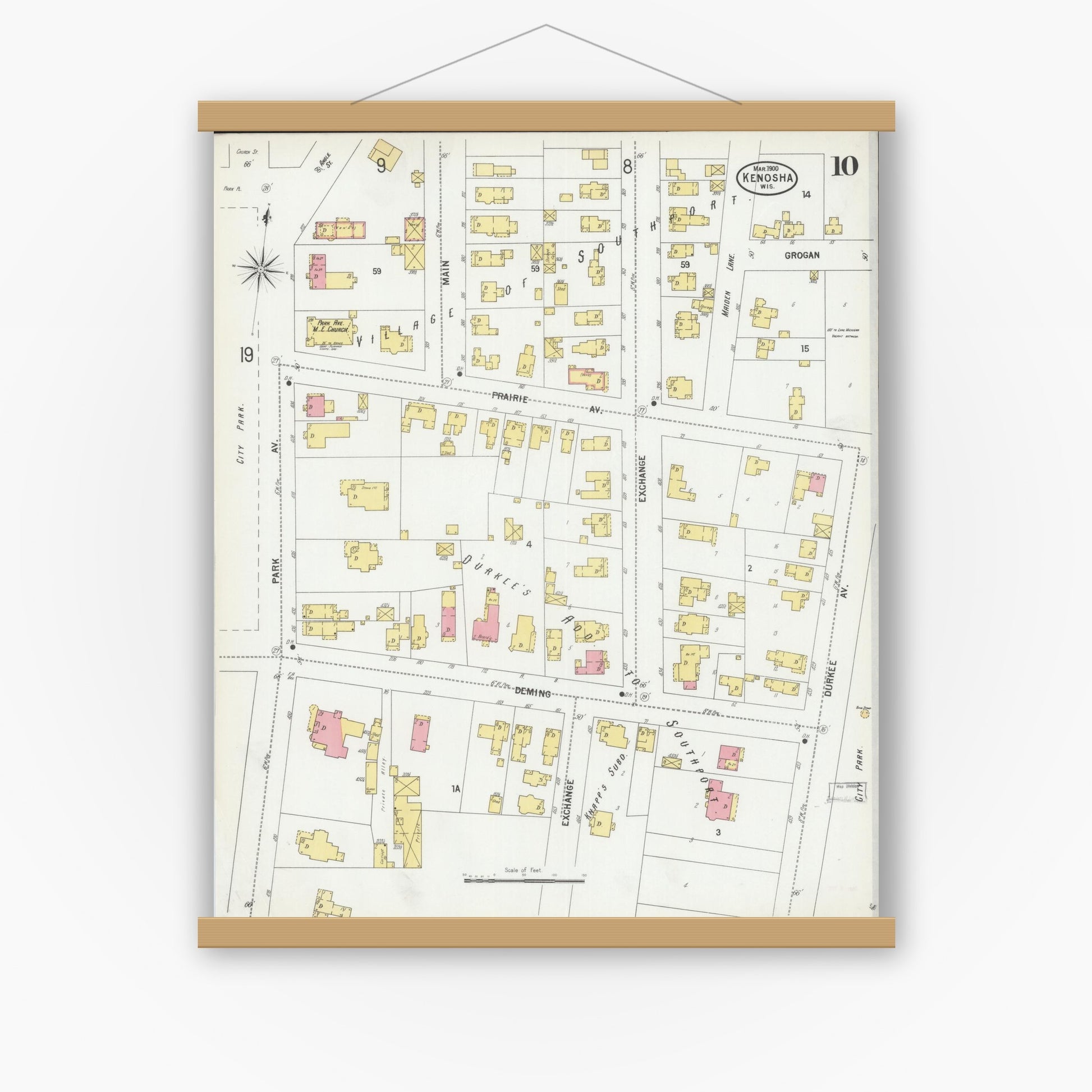 Old map wall art mockup — magnetic wood frame on white wall — Sanborn Fire Insurance Map from Kenosha, Kenosha County, Wisconsin (1900), Sheet #0010
