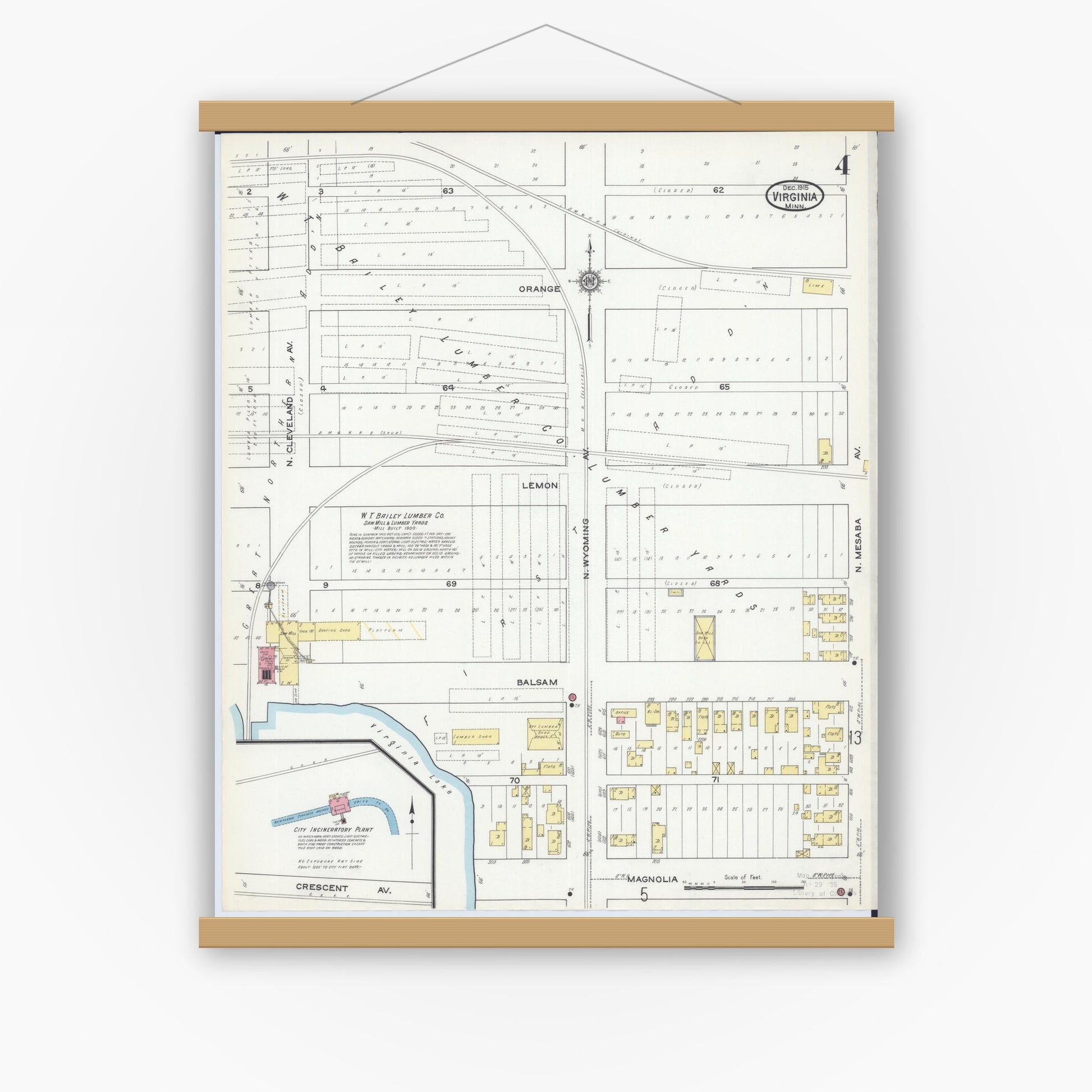 Old map wall art mockup — magnetic wood frame on white wall — Sanborn Fire Insurance Map from Virginia, Saint Louis County, Minnesota (1915), Sheet #0004