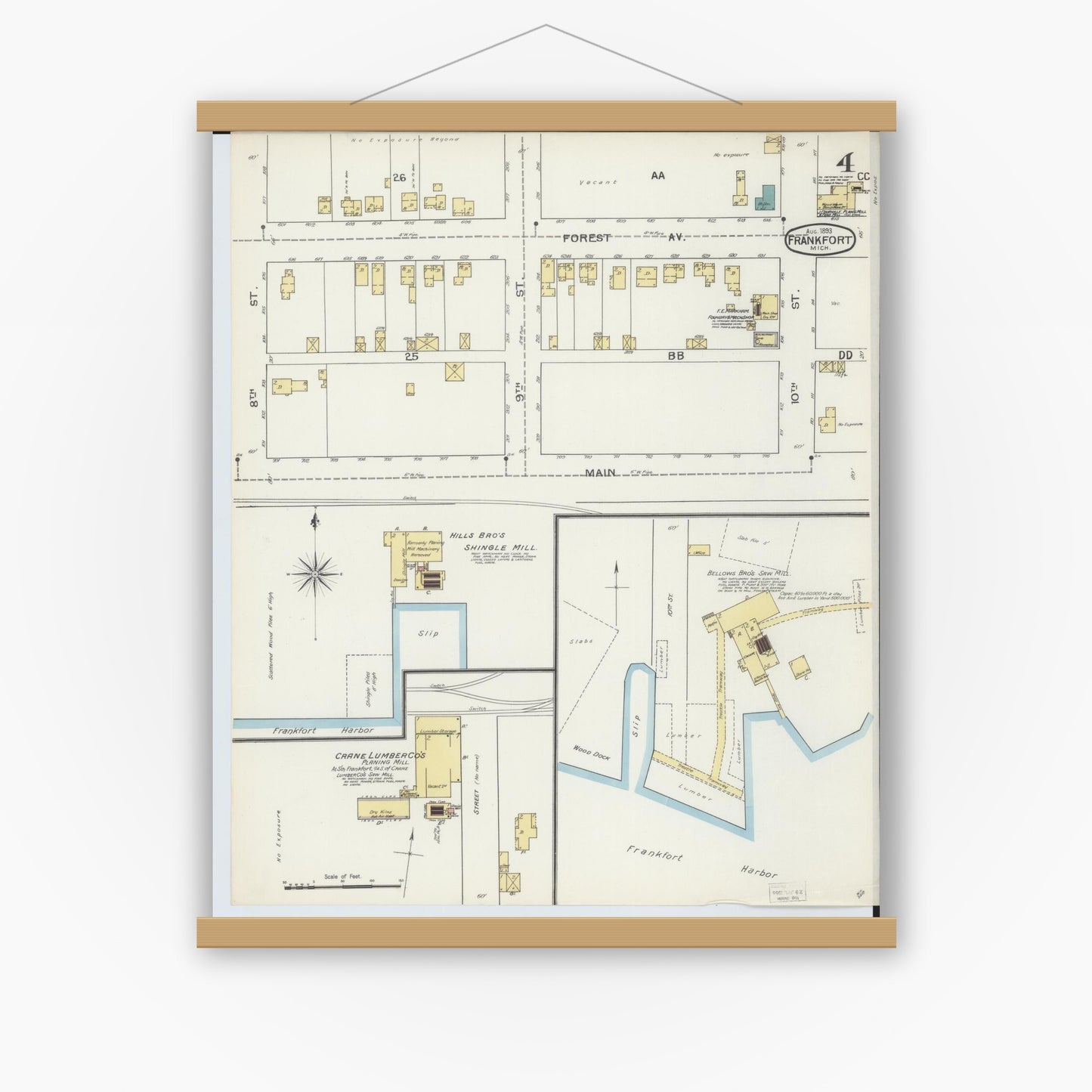 Old map wall art mockup — magnetic wood frame on white wall — Sanborn Fire Insurance Map from Frankfort, Benzie County, Michigan (1893), Sheet #0004