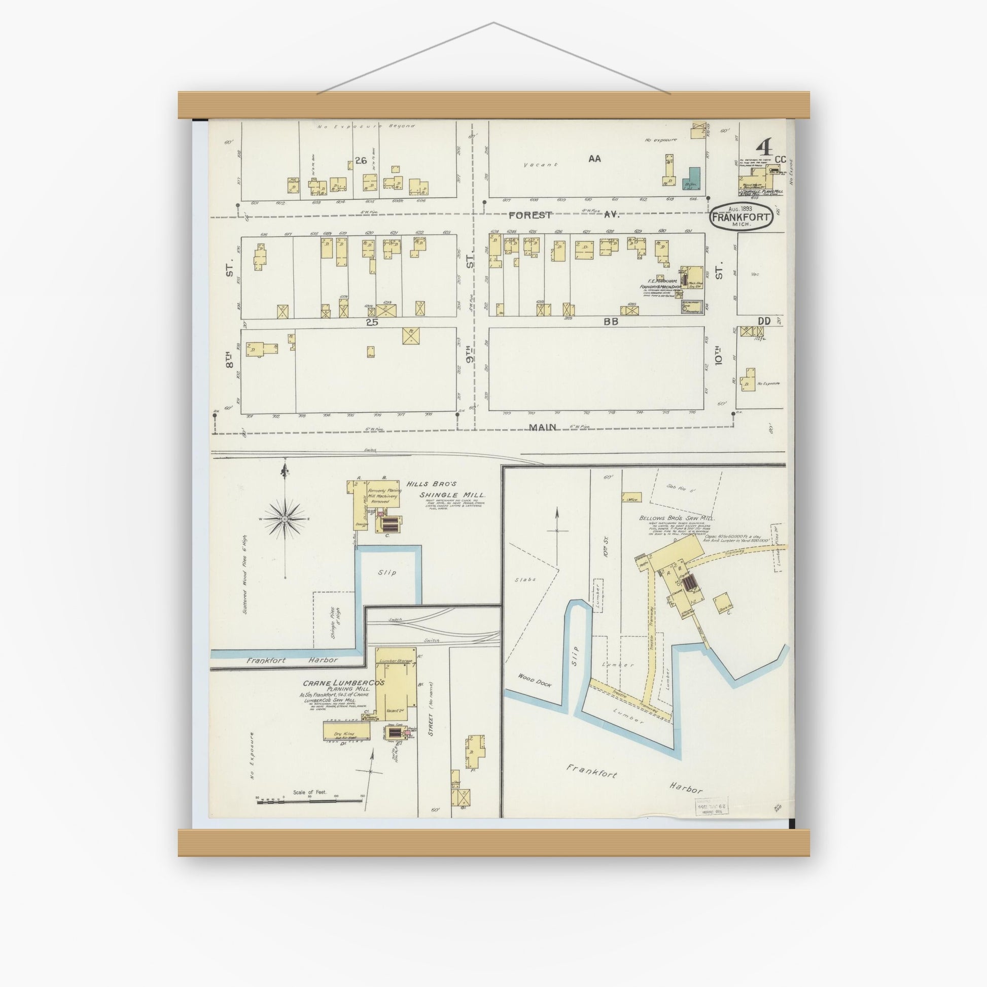 Old map wall art mockup — magnetic wood frame on white wall — Sanborn Fire Insurance Map from Frankfort, Benzie County, Michigan (1893), Sheet #0004