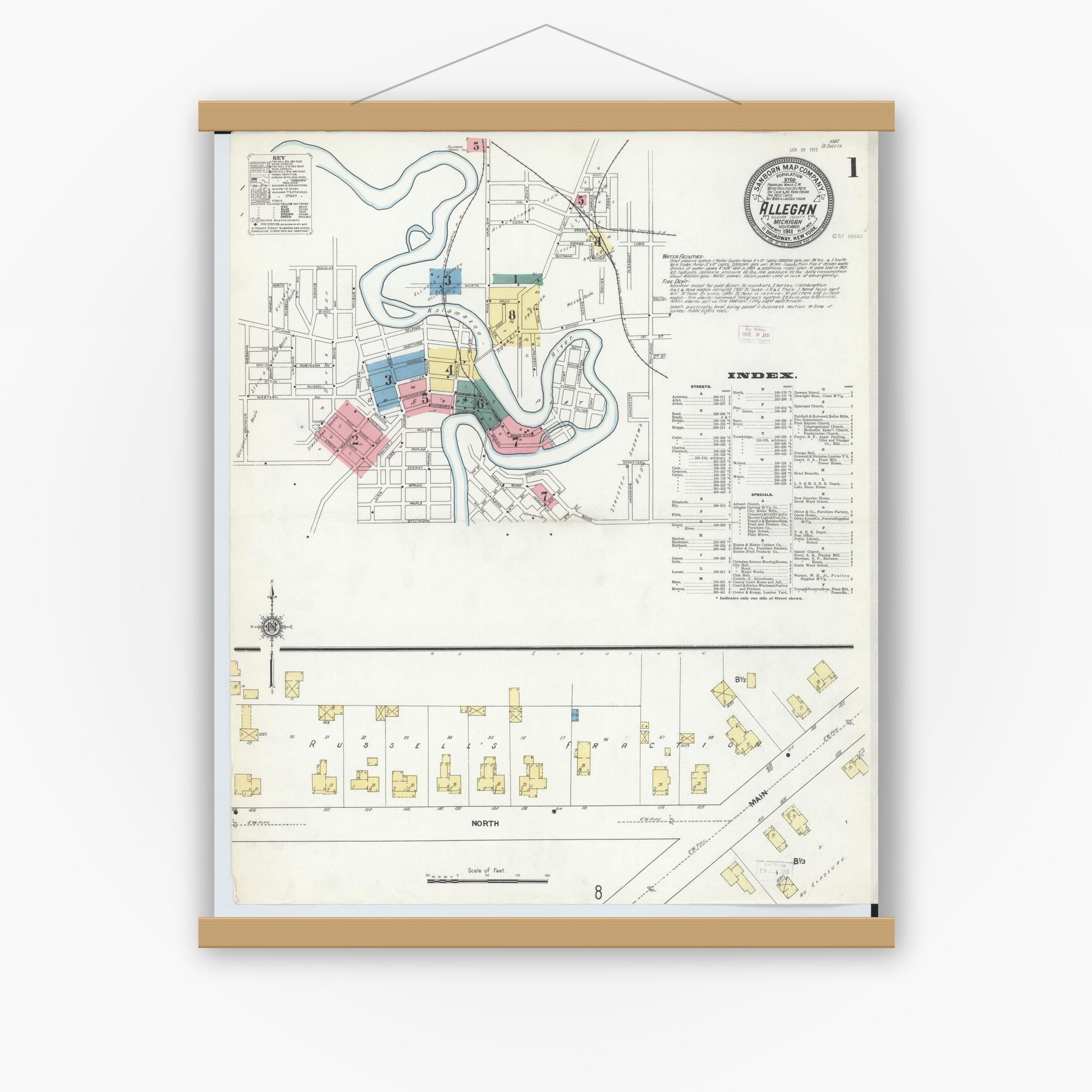 Old map wall art mockup — magnetic wood frame on white wall — Sanborn Fire Insurance Map from Allegan, Allegan County, Michigan (1911) - Complete Map Set