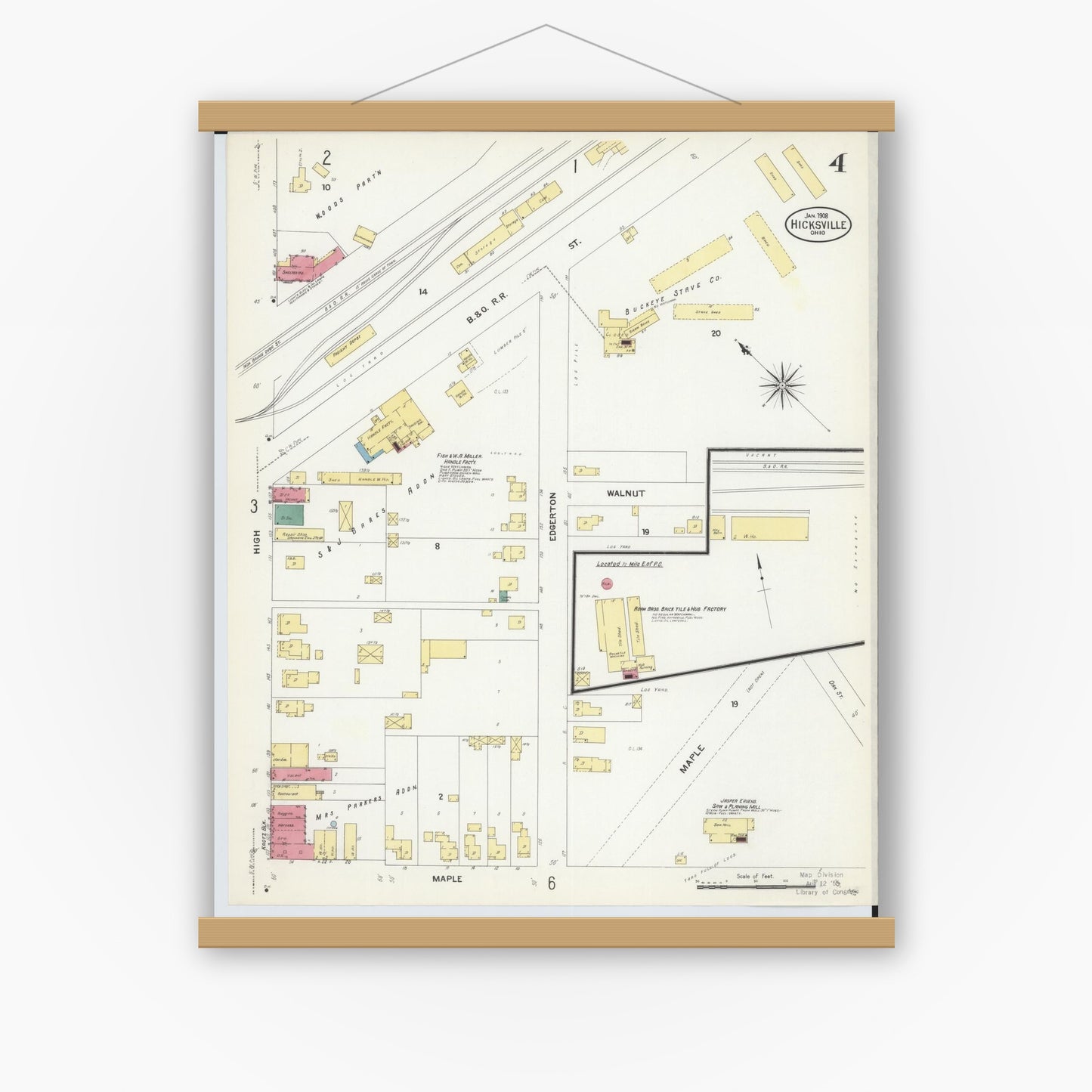Old map wall art mockup — magnetic wood frame on white wall — Sanborn Fire Insurance Map from Hicksville, Defiance County, Ohio (1908), Sheet #0004