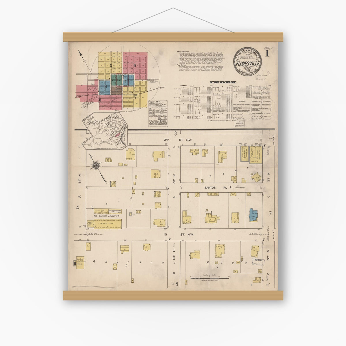 Old map wall art mockup — magnetic wood frame on white wall — Sanborn Fire Insurance Map from Floresville, Wilson County, Texas (1922) - Complete Map Set