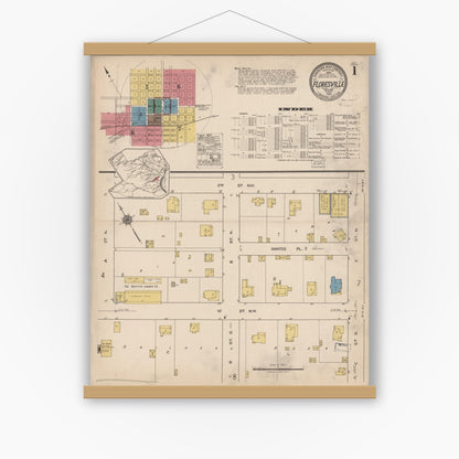 Old map wall art mockup — magnetic wood frame on white wall — Sanborn Fire Insurance Map from Floresville, Wilson County, Texas (1922) - Complete Map Set