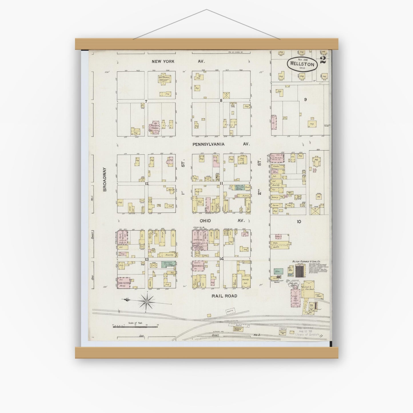 Old map wall art mockup — magnetic wood frame on white wall — Sanborn Fire Insurance Map from Wellston, Jackson County, Ohio (1888), Sheet #0002