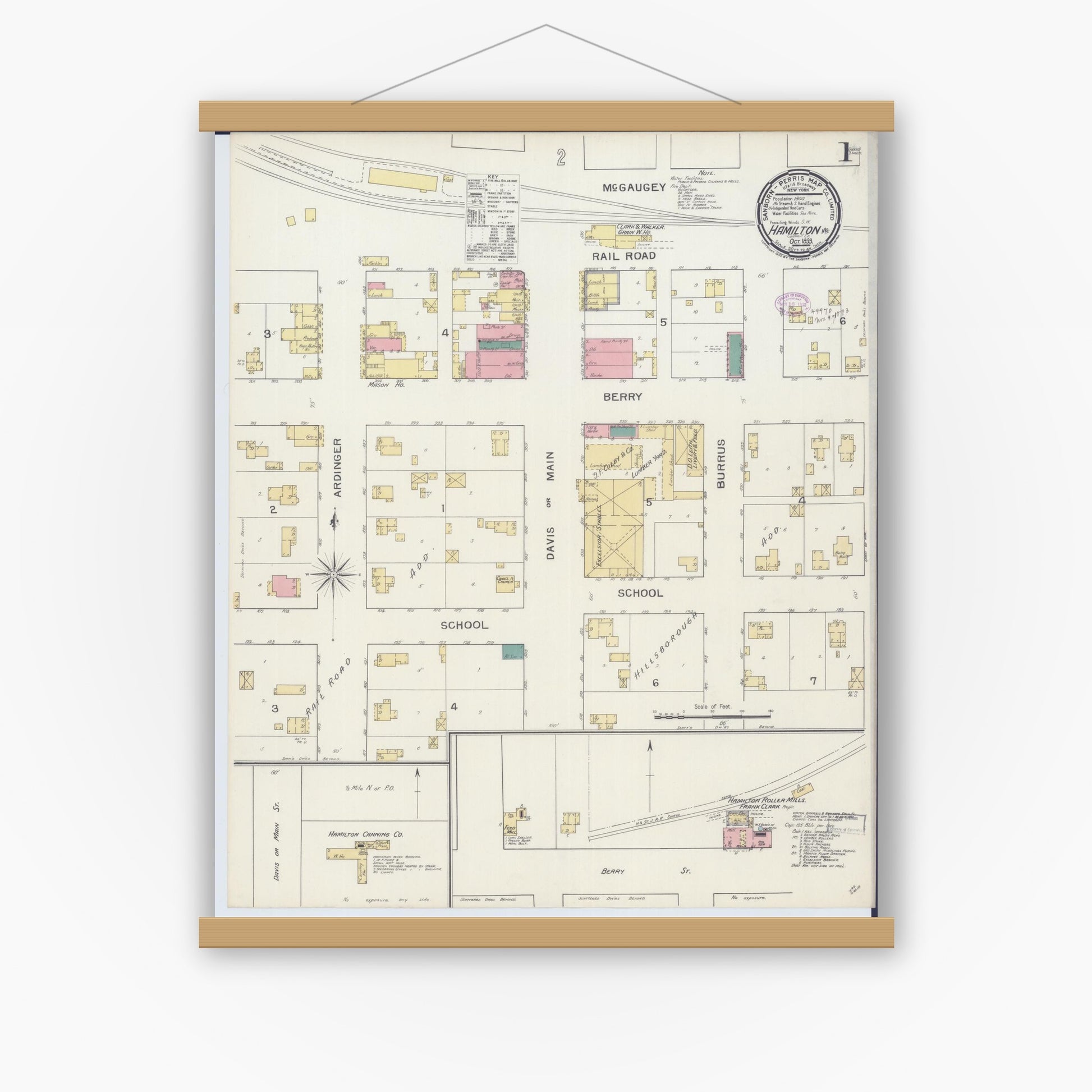 Old map wall art mockup — magnetic wood frame on white wall — Sanborn Fire Insurance Map from Hamilton, Caldwell County, Missouri (1893), Sheet #0001