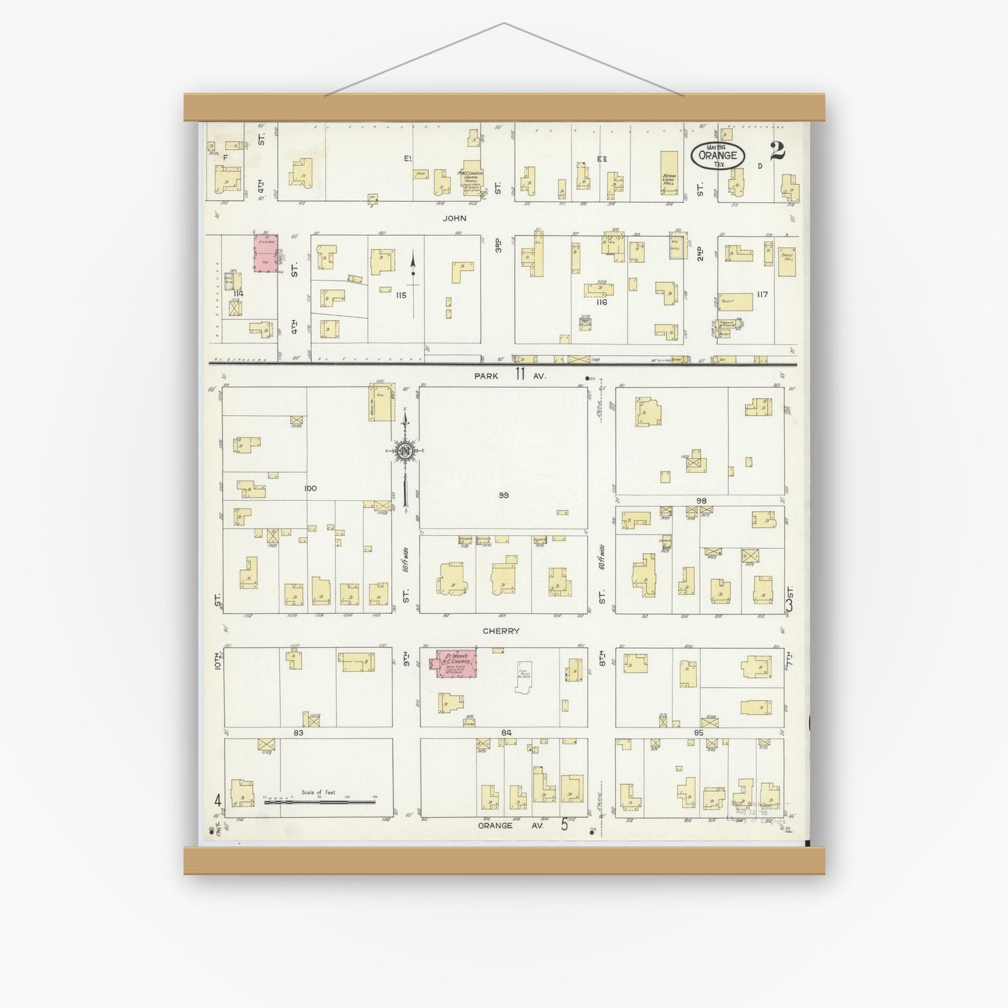 Old map wall art mockup — magnetic wood frame on white wall — Sanborn Fire Insurance Map from Orange, Orange County, Texas (1914), Sheet #0002
