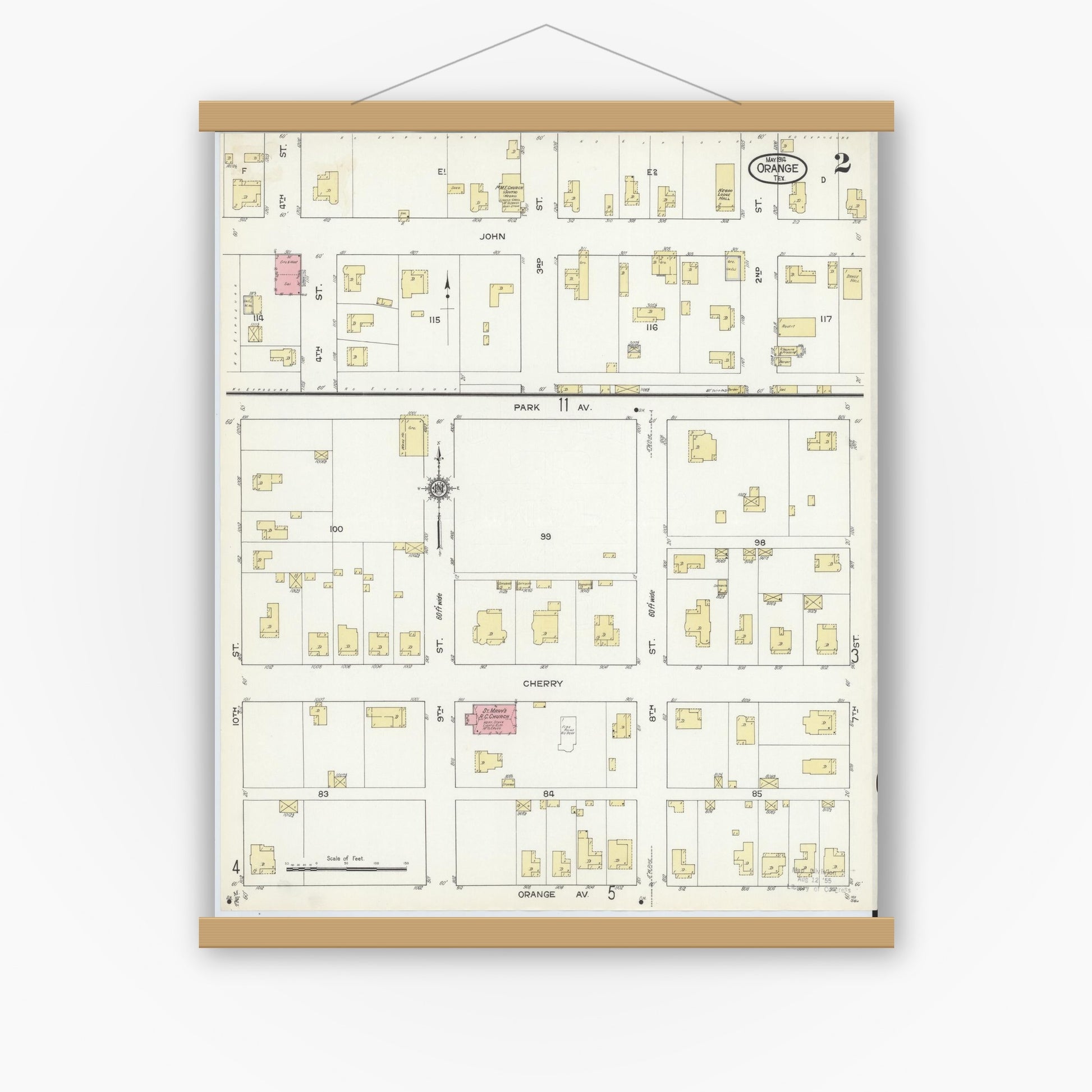 Old map wall art mockup — magnetic wood frame on white wall — Sanborn Fire Insurance Map from Orange, Orange County, Texas (1914), Sheet #0002