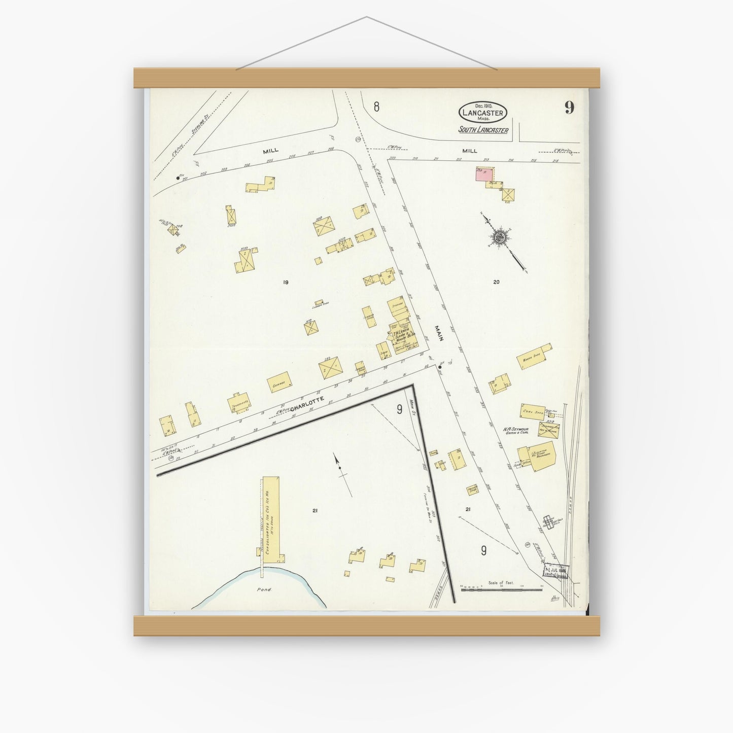 Old map wall art mockup — magnetic wood frame on white wall — Sanborn Fire Insurance Map from Lancaster, Worcester County, Massachusetts (1910), Sheet #0009