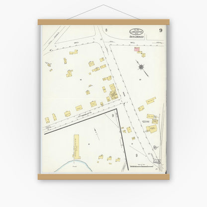 Old map wall art mockup — magnetic wood frame on white wall — Sanborn Fire Insurance Map from Lancaster, Worcester County, Massachusetts (1910), Sheet #0009