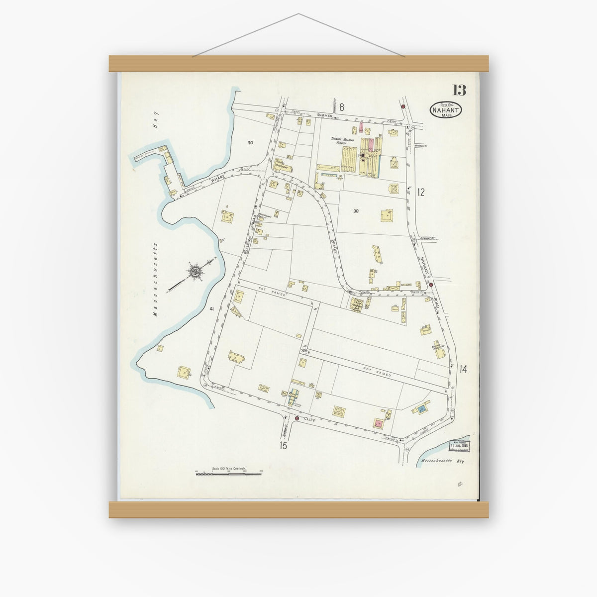 Old map wall art mockup — magnetic wood frame on white wall — Sanborn Fire Insurance Map from Nahant, Essex County, Massachusetts (1914), Sheet #0013
