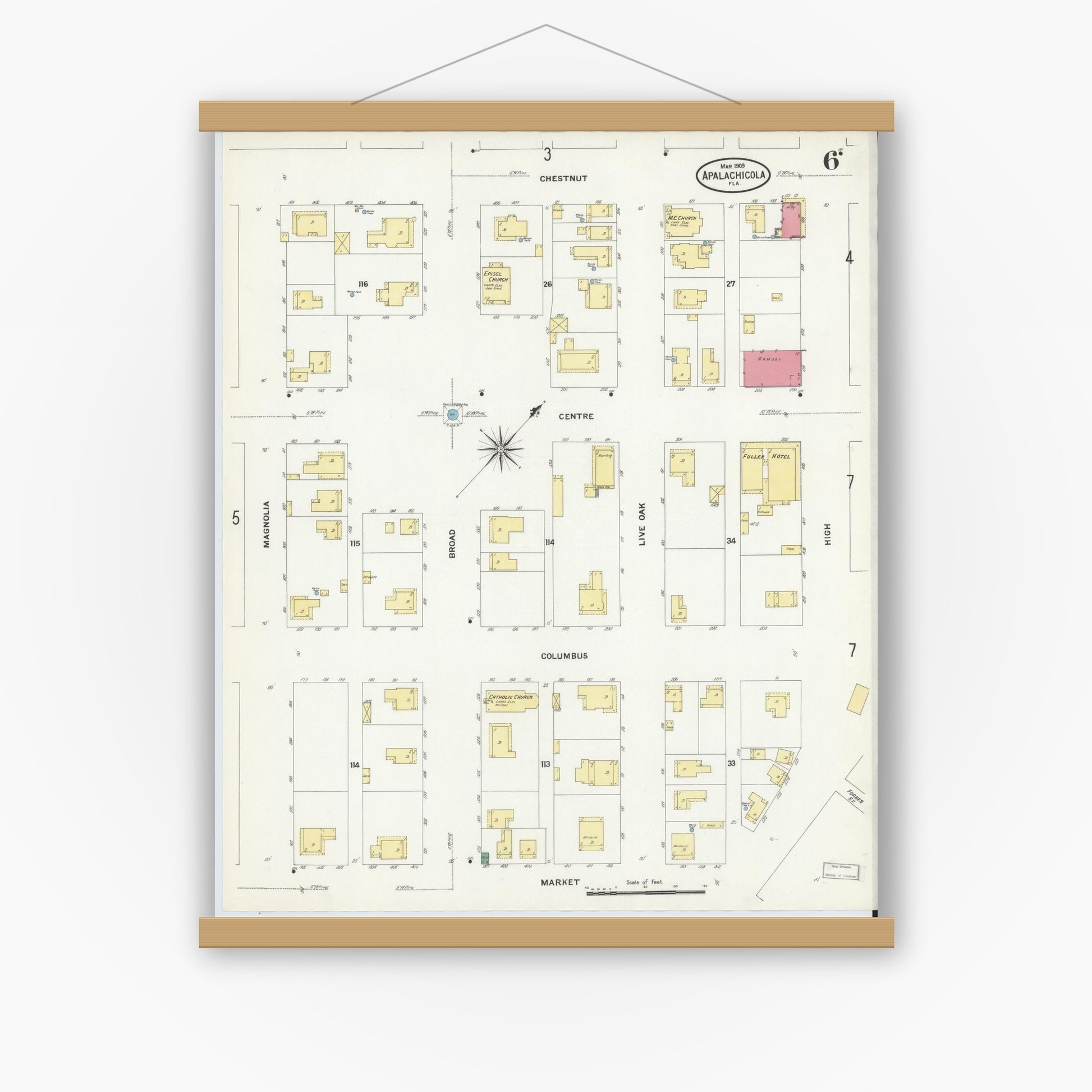 Old map wall art mockup — magnetic wood frame on white wall — Sanborn Fire Insurance Map from Apalachicola, Franklin County, Florida (1909), Sheet #0006