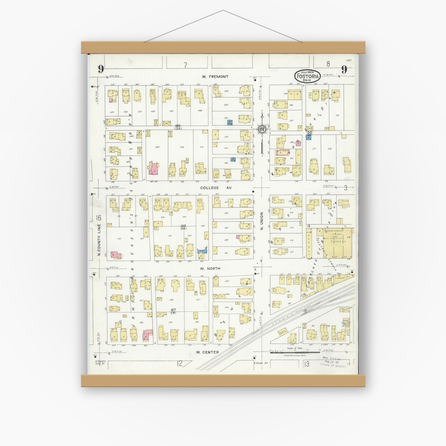 Old map wall art mockup — magnetic wood frame on white wall — Sanborn Fire Insurance Map from Fostoria, Seneca, Hancock, And Wood Counties, Ohio (1924), Sheet #0009