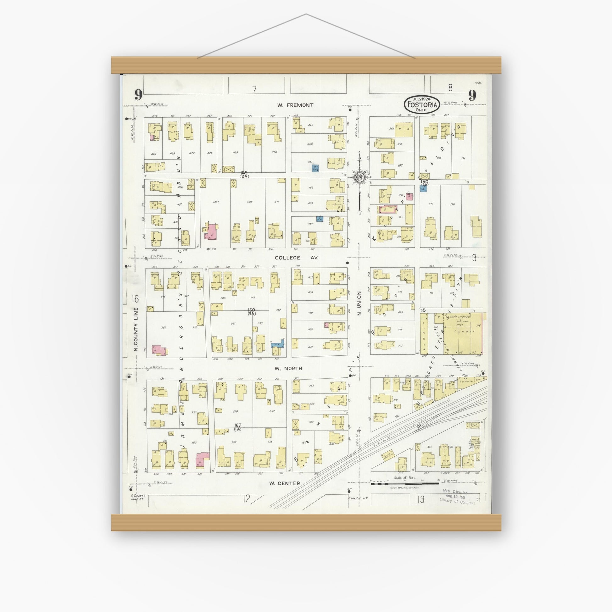 Old map wall art mockup — magnetic wood frame on white wall — Sanborn Fire Insurance Map from Fostoria, Seneca, Hancock, And Wood Counties, Ohio (1924), Sheet #0009