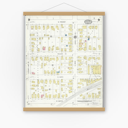 Old map wall art mockup — magnetic wood frame on white wall — Sanborn Fire Insurance Map from Fostoria, Seneca, Hancock, And Wood Counties, Ohio (1924), Sheet #0009