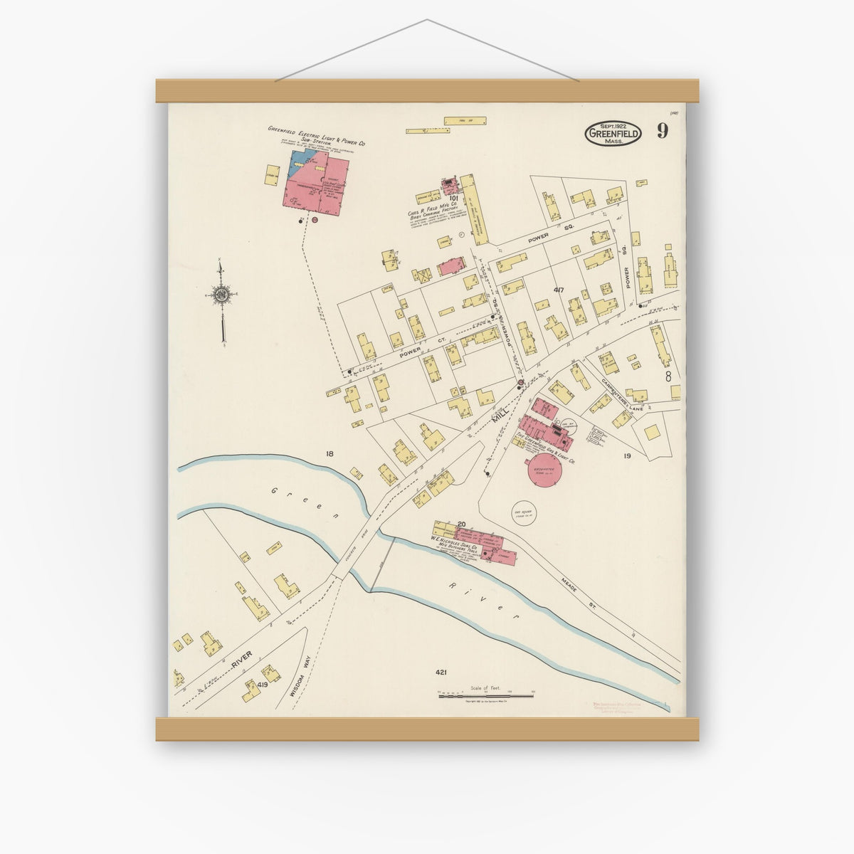 Old map wall art mockup — magnetic wood frame on white wall — Sanborn Fire Insurance Map from Greenfield, Franklin County, Massachusetts (1922), Sheet #0009