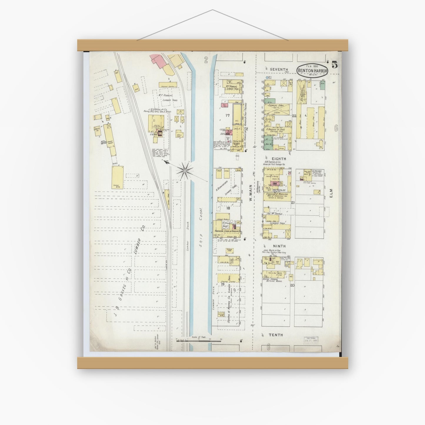 Old map wall art mockup — magnetic wood frame on white wall — Sanborn Fire Insurance Map from Benton Harbor, Berrien County, Michigan (1895), Sheet #0005