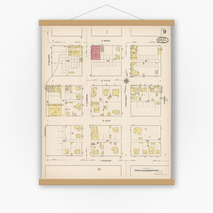 Old map wall art mockup — magnetic wood frame on white wall — Sanborn Fire Insurance Map from Mexia, Limestone County, Texas (1922), Sheet #0009