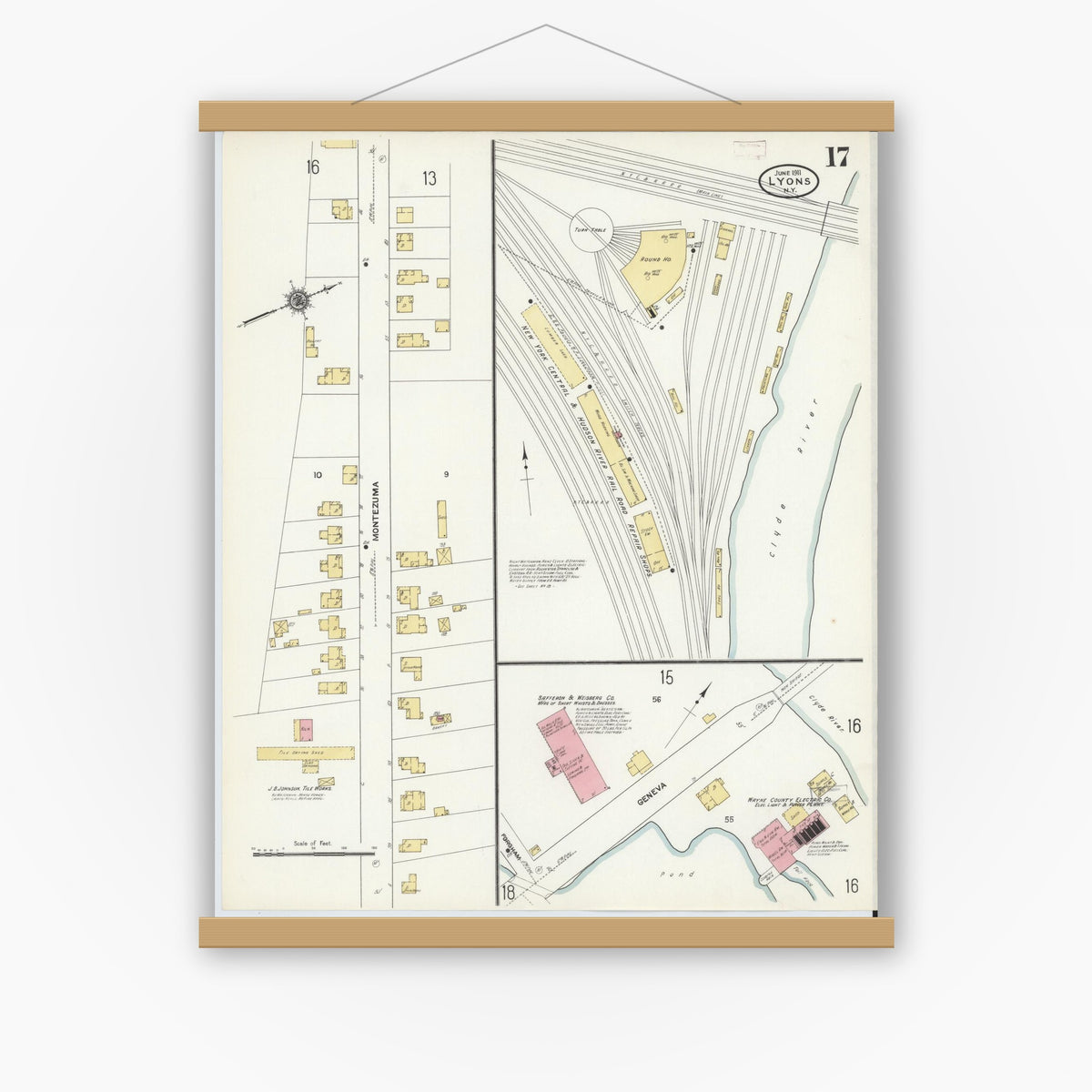 Old map wall art mockup — magnetic wood frame on white wall — Sanborn Fire Insurance Map from Lyons, Wayne County, New York (1911), Sheet #0017