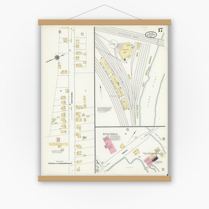 Old map wall art mockup — magnetic wood frame on white wall — Sanborn Fire Insurance Map from Lyons, Wayne County, New York (1911), Sheet #0017